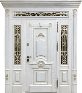 Остекленная парадная входная группа с терморазрывом, ковкой и капителями (белый МДФ с багетом и резьбой) Остекленная парадная входная группа с терморазрывом, ковкой и капителями (белый МДФ с багетом и резьбой)