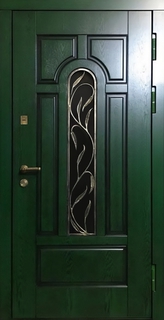 Входная термодверь с кованой решеткой и стеклопакетом (панели МДФ шпон зеленого цвета) Входная термодверь с кованой решеткой и стеклопакетом (панели МДФ шпон зеленого цвета)