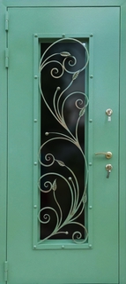 Остеклённая термодверь с ковкой «растительный орнамент» (зелёный порошковый окрас) Остеклённая термодверь с ковкой «растительный орнамент» (зелёный порошковый окрас)
