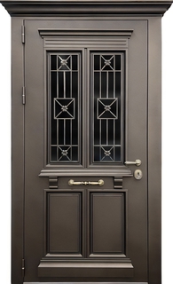 Входная металлобагетная термодверь с остеклением, решетками и карнизом (порошковая покраска) Входная металлобагетная термодверь с остеклением, решетками и карнизом (порошковая покраска)