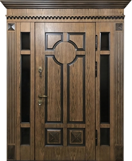 Входная парадная термодверь МДФ шпон со стеклом и карнизом Входная парадная термодверь МДФ шпон со стеклом и карнизом